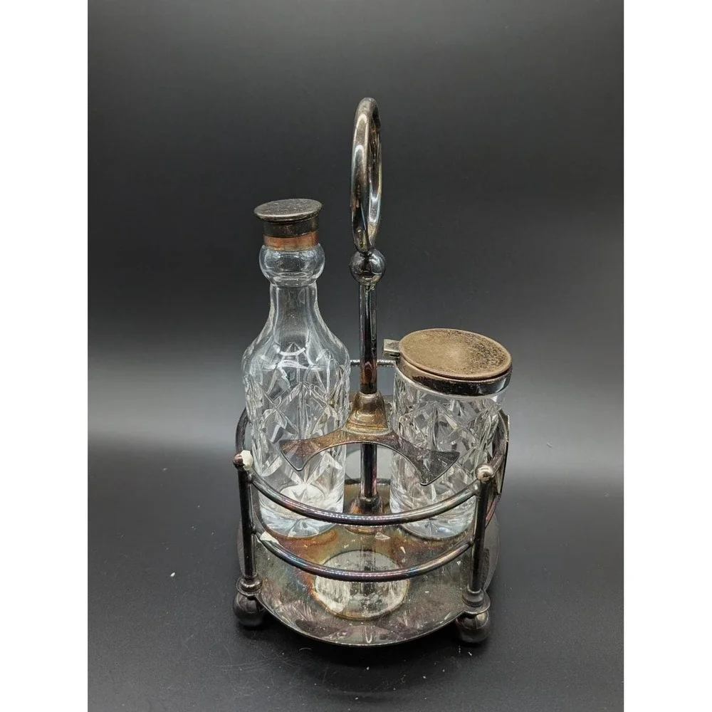 Antique Silver Plated Cut Glass Cruet Set 2 Bottles Footed Stand Etched 9753-4